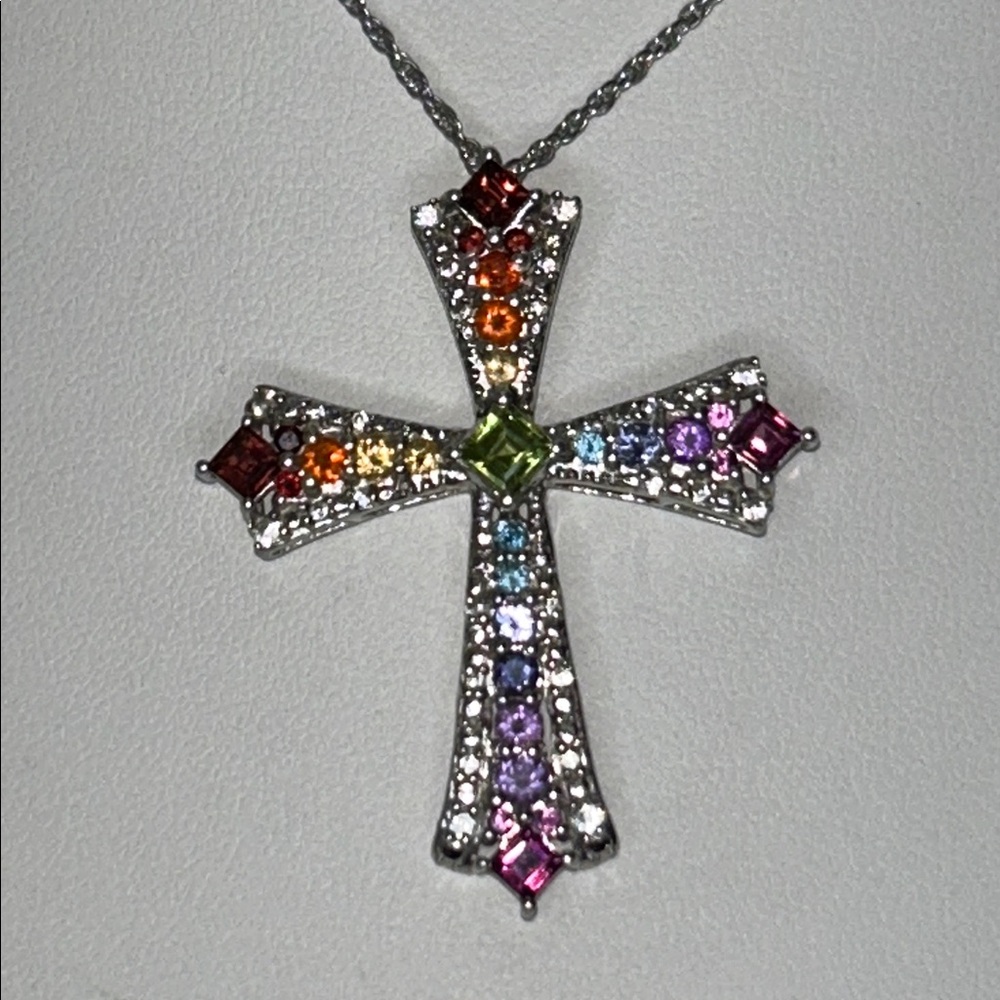 Chuck Clemency Multi Gemstone Sterling Silver Cross Necklace Boho
